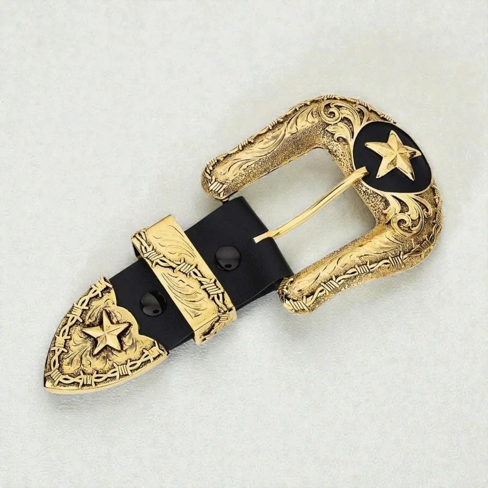 Montana Silversmiths Belt Keeper Tip Lonestar 3pc Gold Buckle Retail $200 - NEW!